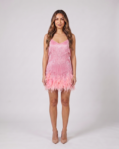 pink sequin v neck fringe mini dress front view with sequins and fringe
