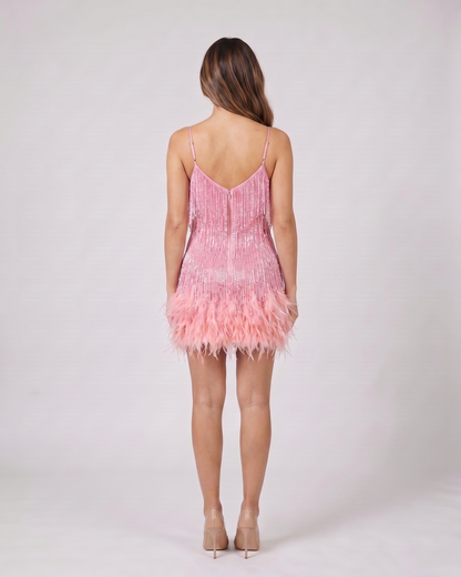 Back view of pink sequin v neck fringe mini dress showing v-back neckline with invisible zipper closure