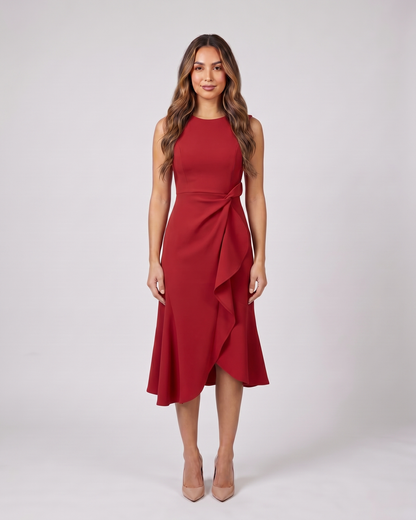 red sleeveless asymmetric draped midi dress front view
