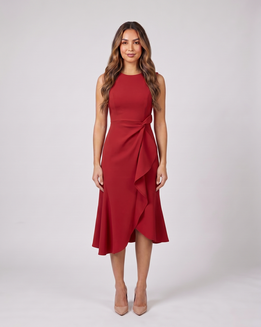 red sleeveless asymmetric draped midi dress front view