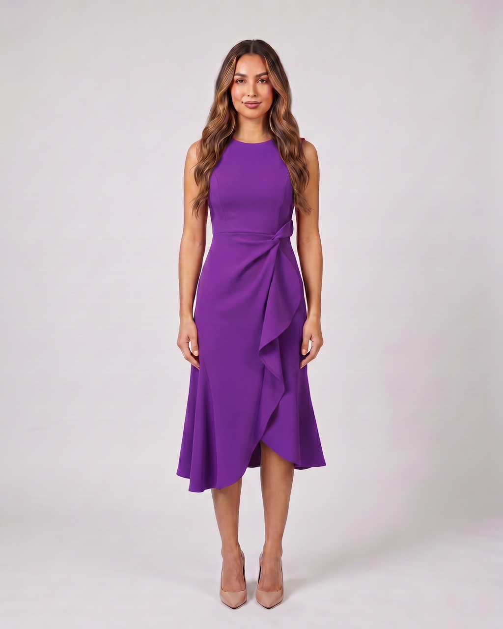 purple sleeveless asymmetric draped midi dress front view