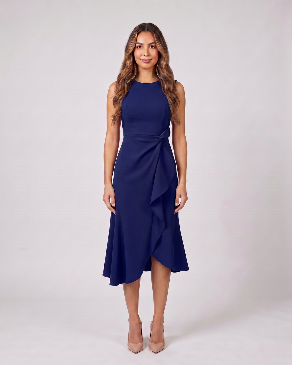 navy blue sleeveless asymmetric draped midi dress front view