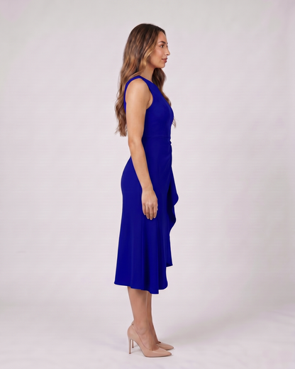 Side view of navy blue sleeveless asymmetric draped midi dress