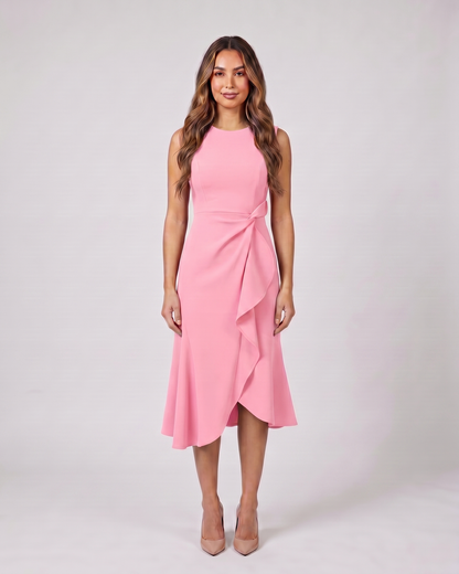 pink sleeveless asymmetric draped midi dress front view