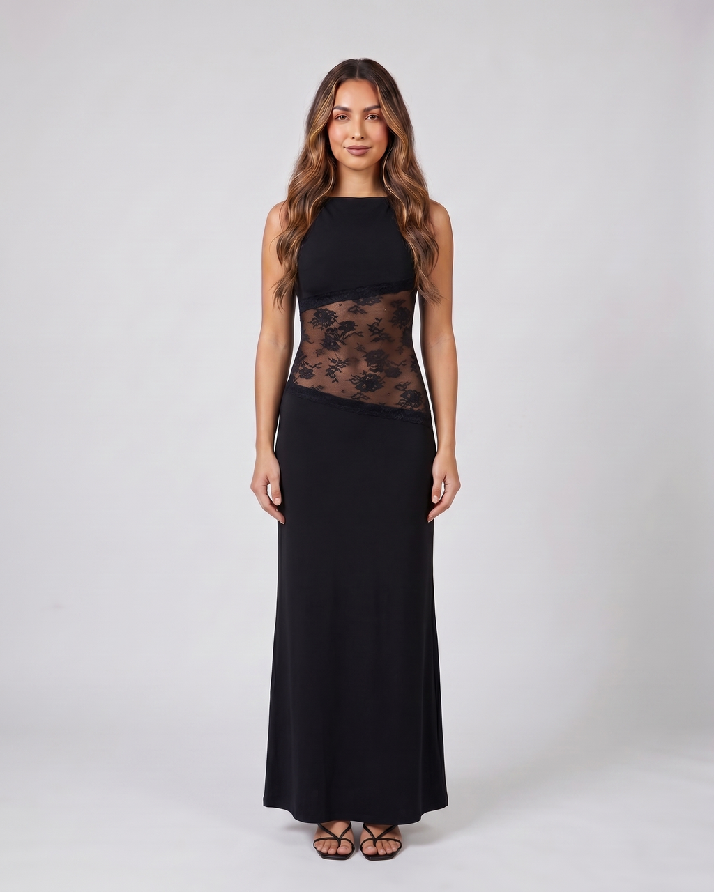 black sleeveless open back lace maxi dress front view with floral lace pattern