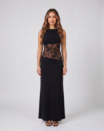 black sleeveless open back lace maxi dress front view with floral lace pattern