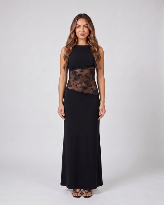 black sleeveless open back lace maxi dress front view with floral lace pattern