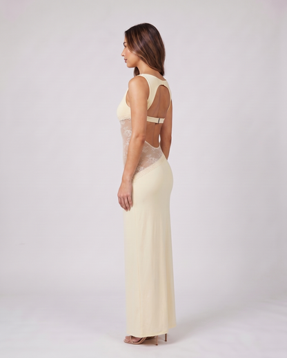 Side view of yellow sleeveless open back lace maxi dress