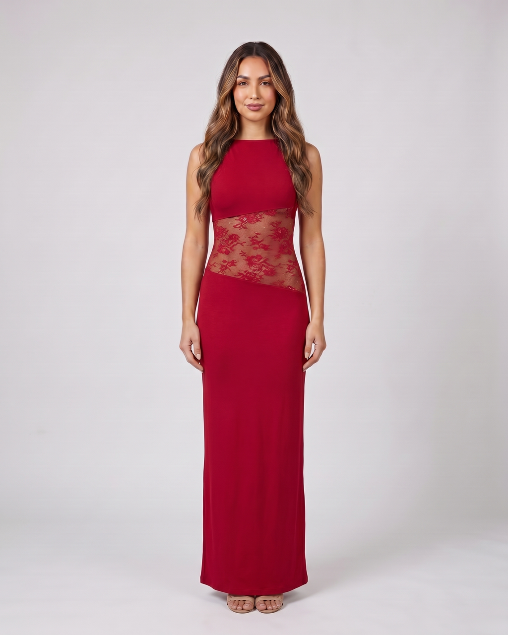 red sleeveless open back lace maxi dress front view with floral lace pattern