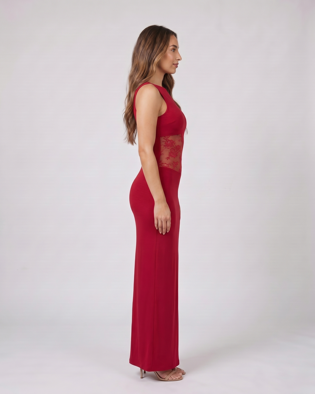 Side view of red sleeveless open back lace maxi dress