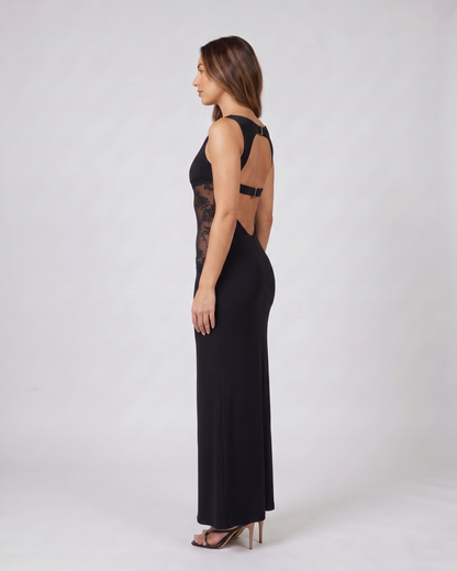 Side view of black sleeveless open back lace maxi dress