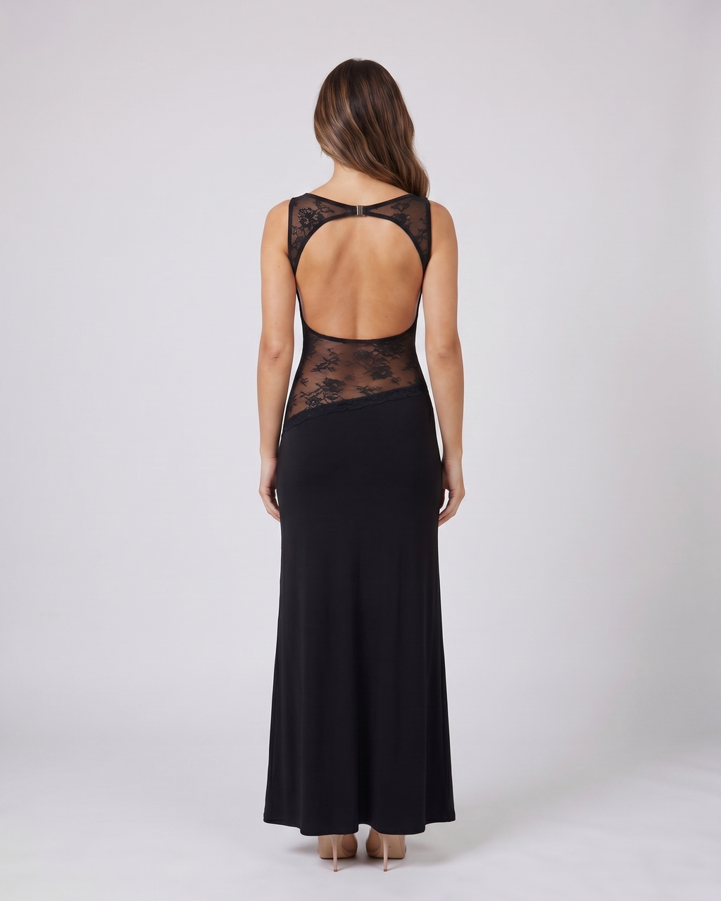 Back view of black sleeveless open back lace maxi dress showing deep open back with horizontal upper back strap and metal clasp closure