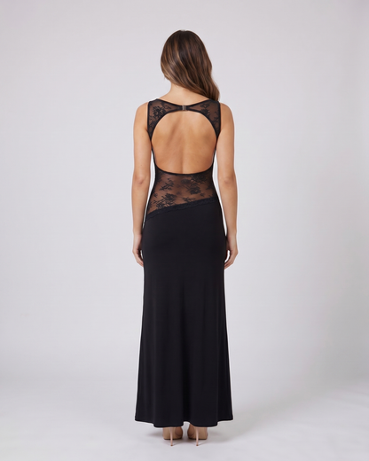 Back view of black sleeveless open back lace maxi dress showing deep open back with horizontal upper back strap and metal clasp closure
