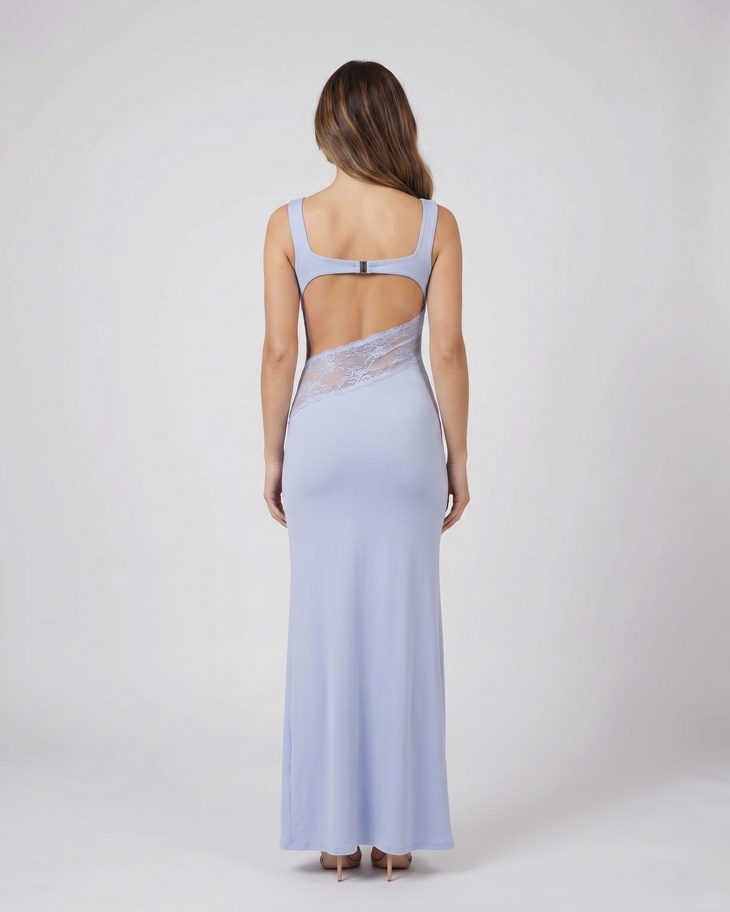 Back view of blue sleeveless open back lace maxi dress showing deep open back with horizontal upper back strap and metal clasp closure