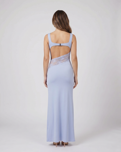 Back view of blue sleeveless open back lace maxi dress showing deep open back with horizontal upper back strap and metal clasp closure
