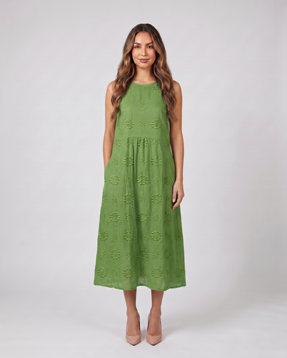 green sleeveless round neck embroidered midi dress front view with geometric embroidered motifs