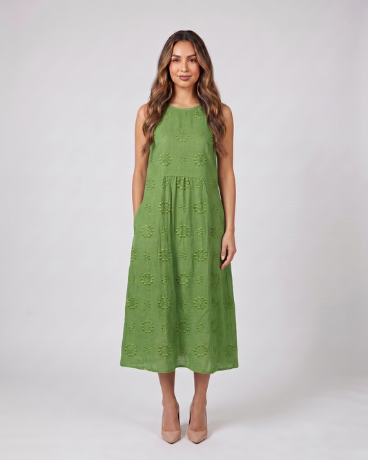 green sleeveless round neck embroidered midi dress front view with geometric embroidered motifs