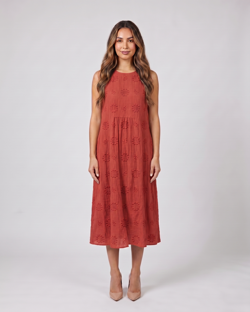 red sleeveless round neck embroidered midi dress front view with geometric embroidered motifs