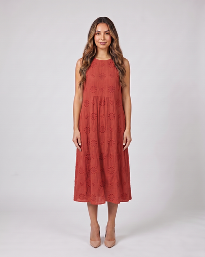 red sleeveless round neck embroidered midi dress front view with geometric embroidered motifs