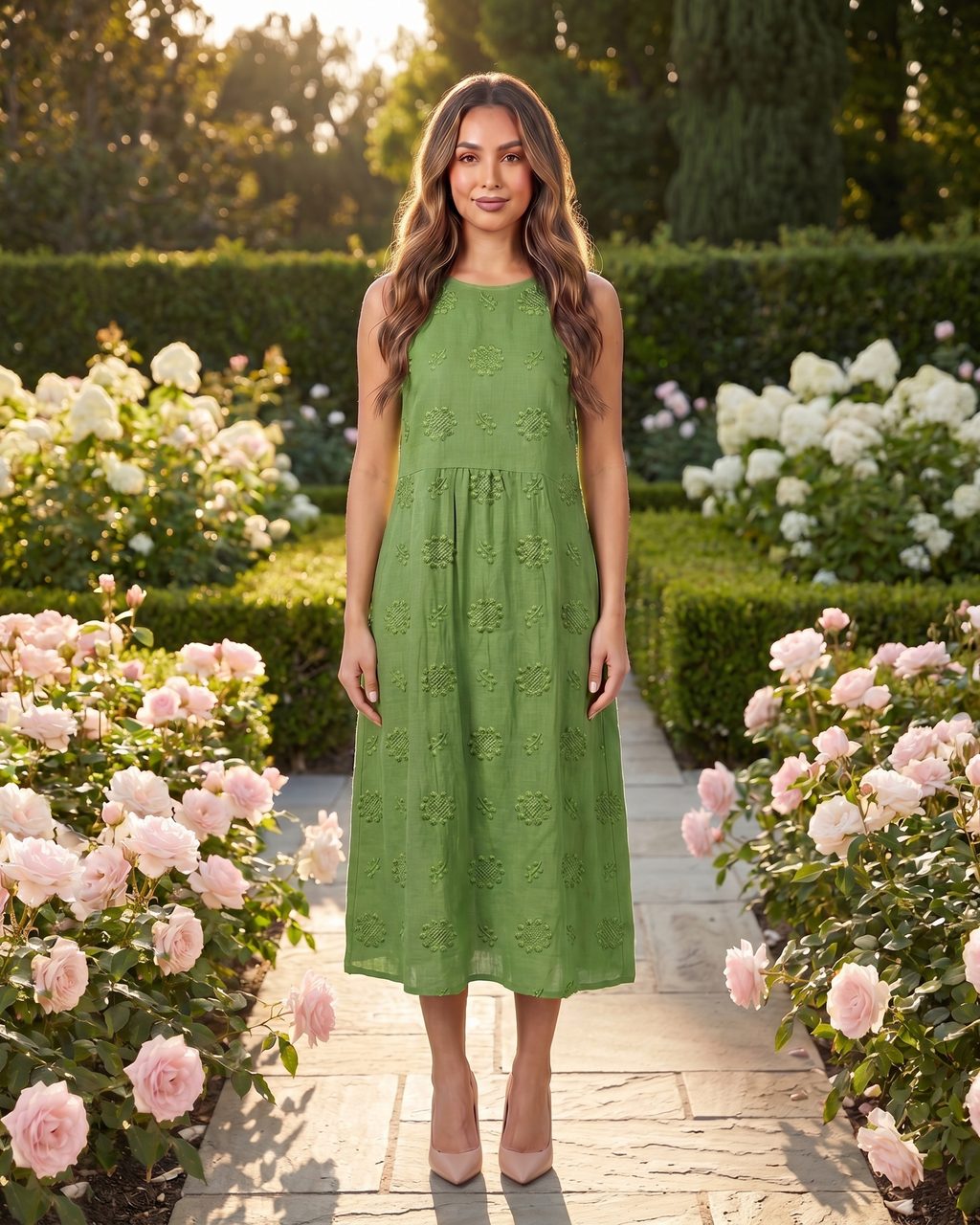 Model in green sleeveless round neck embroidered midi dress in tuscan setting