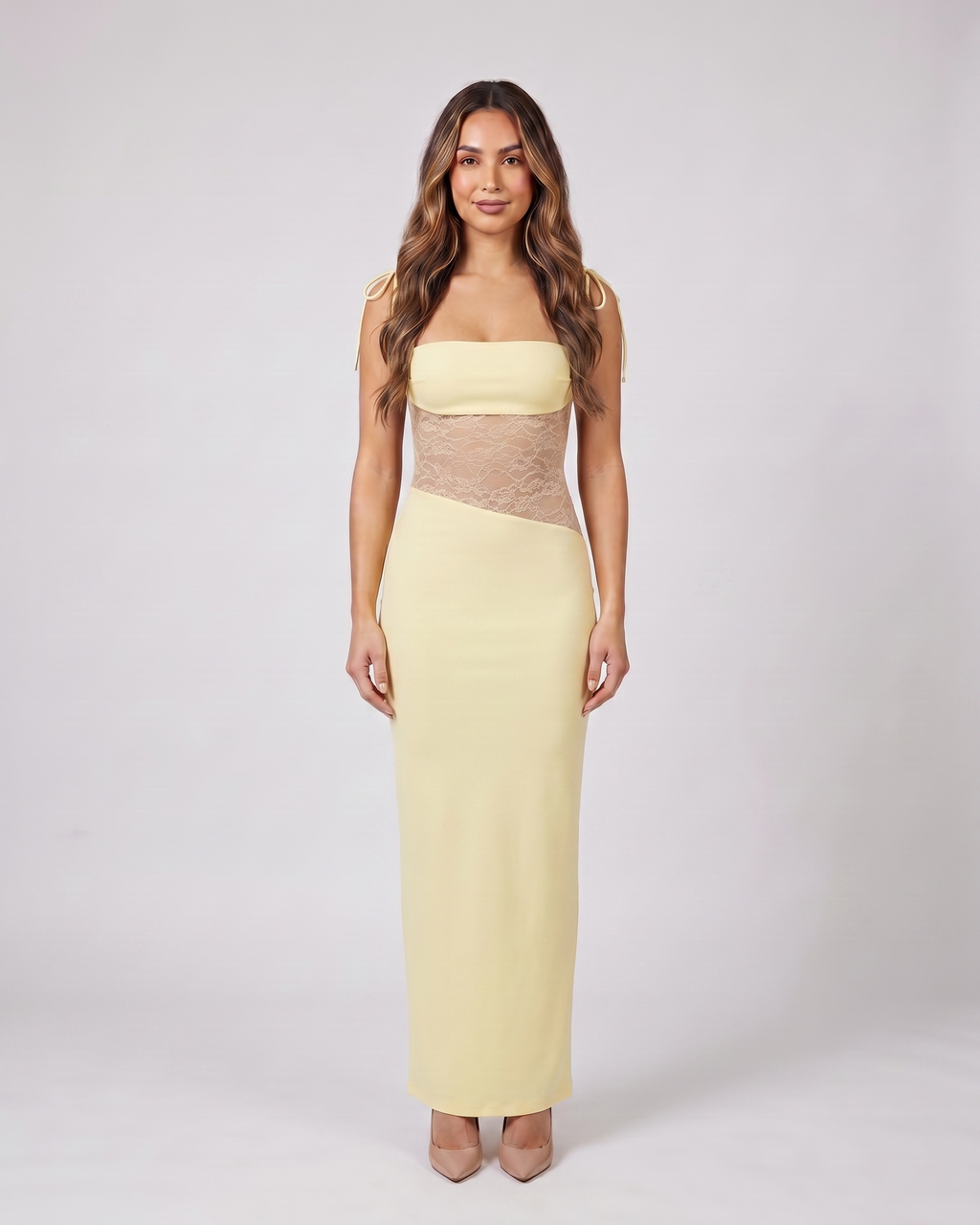 yellow square neck lace panel maxi dress front view with floral