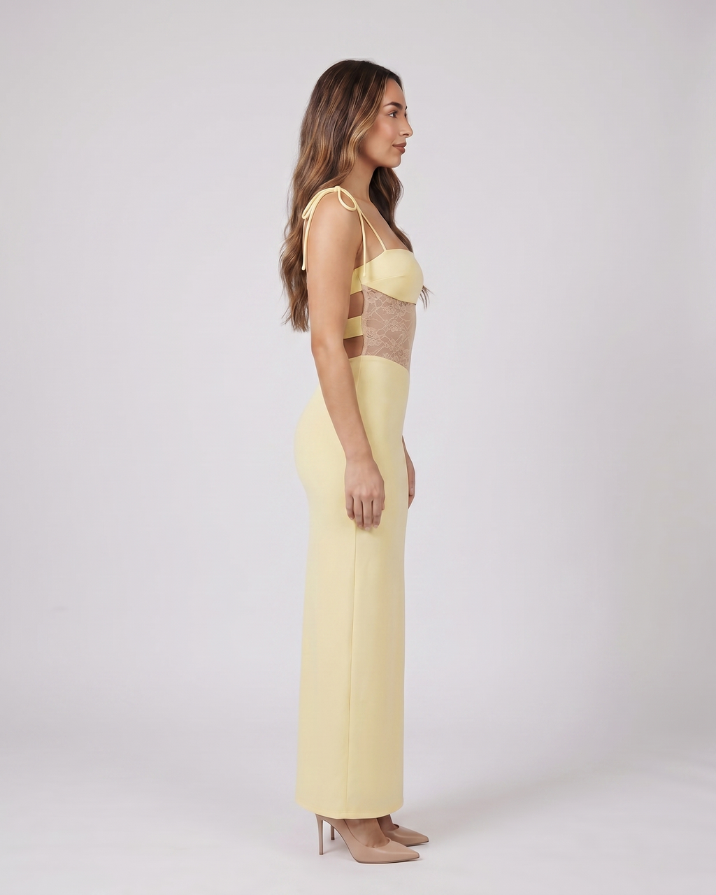 Side view of yellow square neck lace panel maxi dress