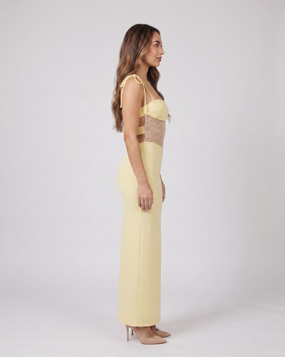 Side view of yellow square neck lace panel maxi dress
