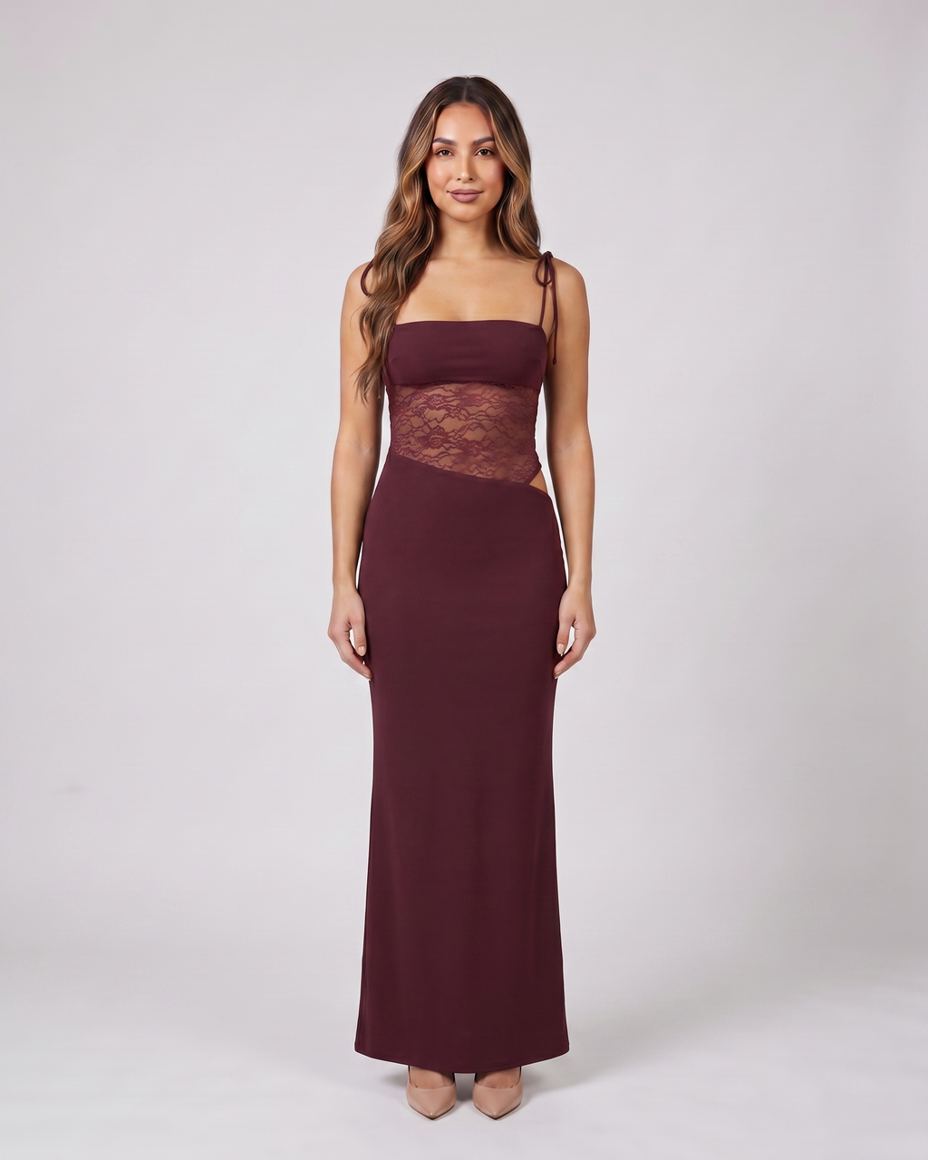 burgundy square neck lace panel maxi dress front view with floral