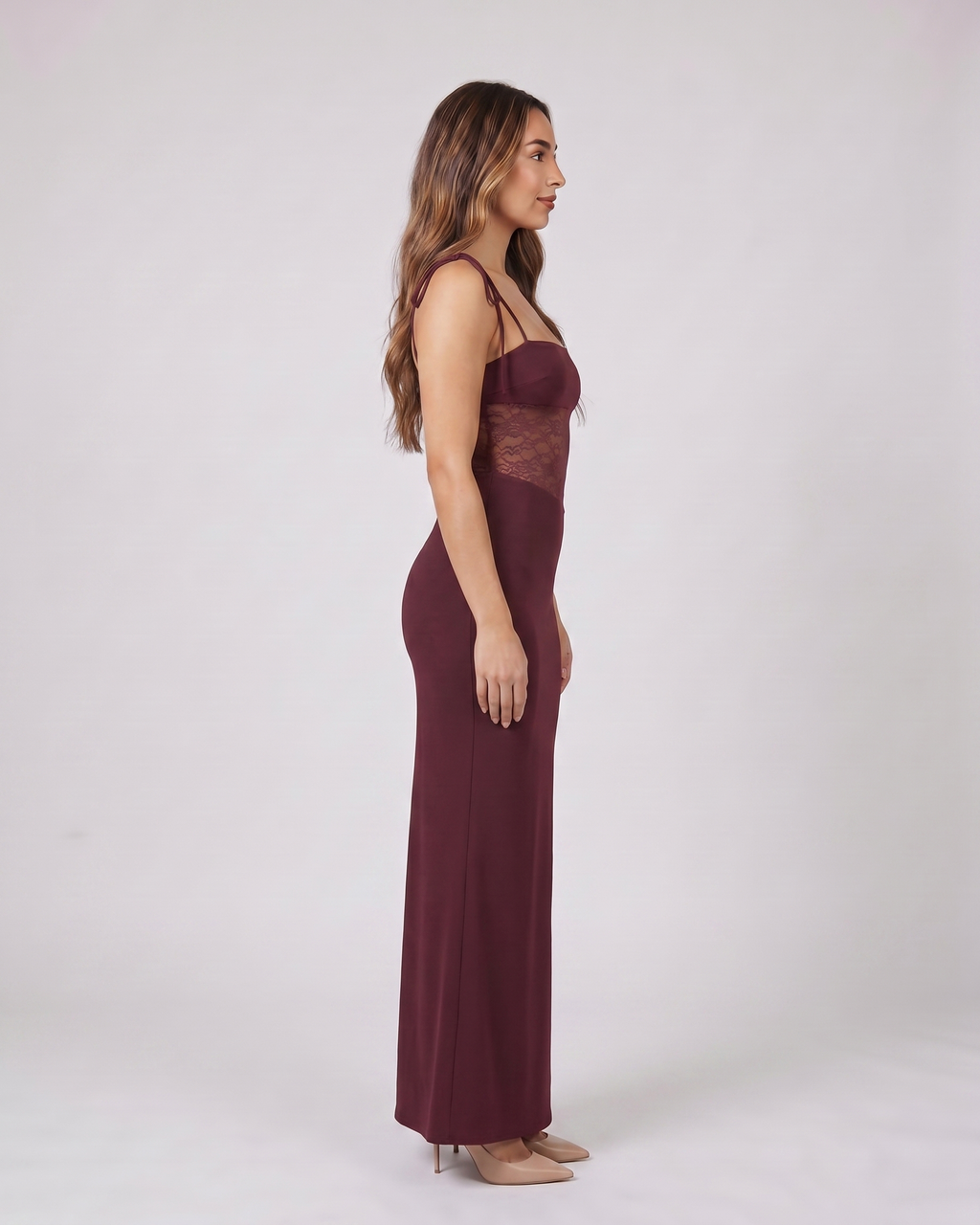 Side view of burgundy square neck lace panel maxi dress