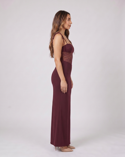 Side view of burgundy square neck lace panel maxi dress