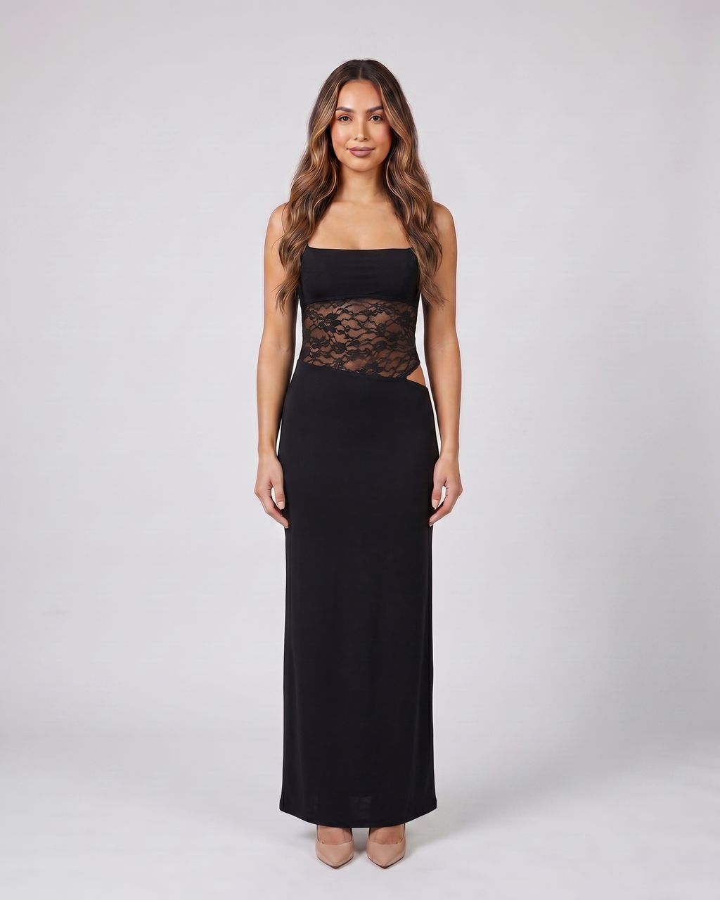 black square neck lace panel maxi dress front view with floral