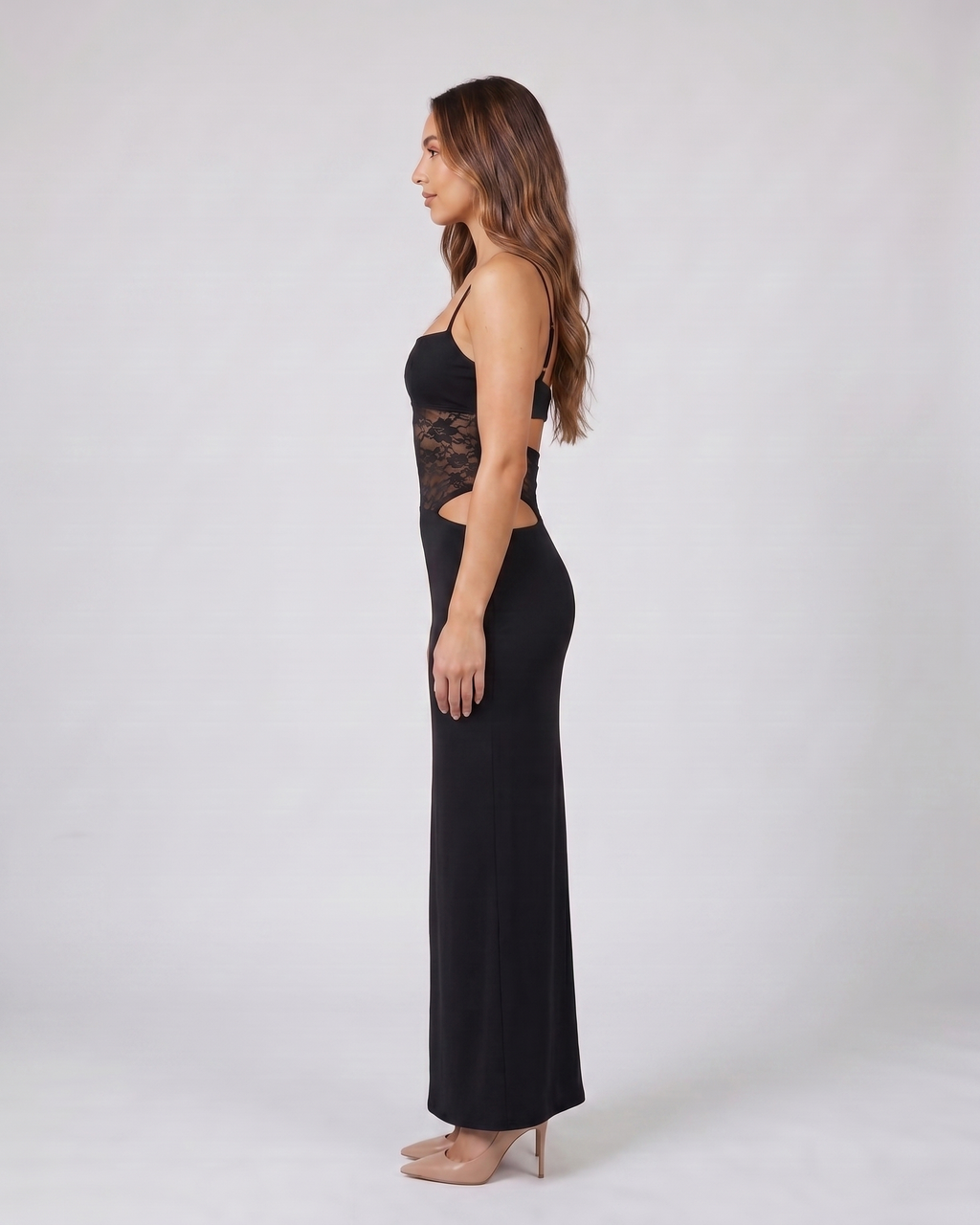 Side view of black square neck lace panel maxi dress