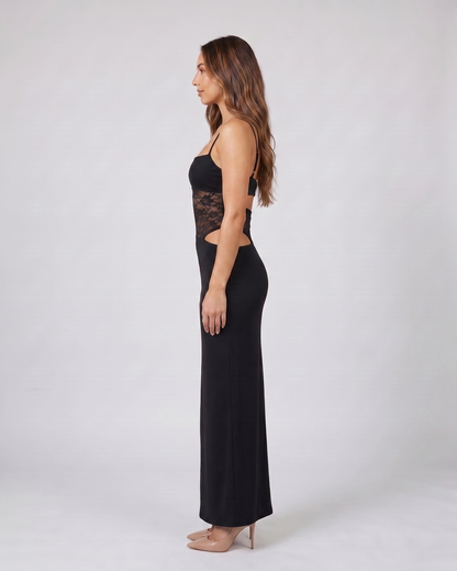 Side view of black square neck lace panel maxi dress