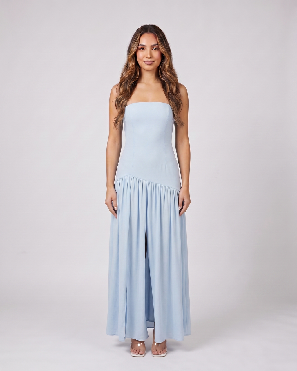 blue strapless bandeau with front split maxi dress front view