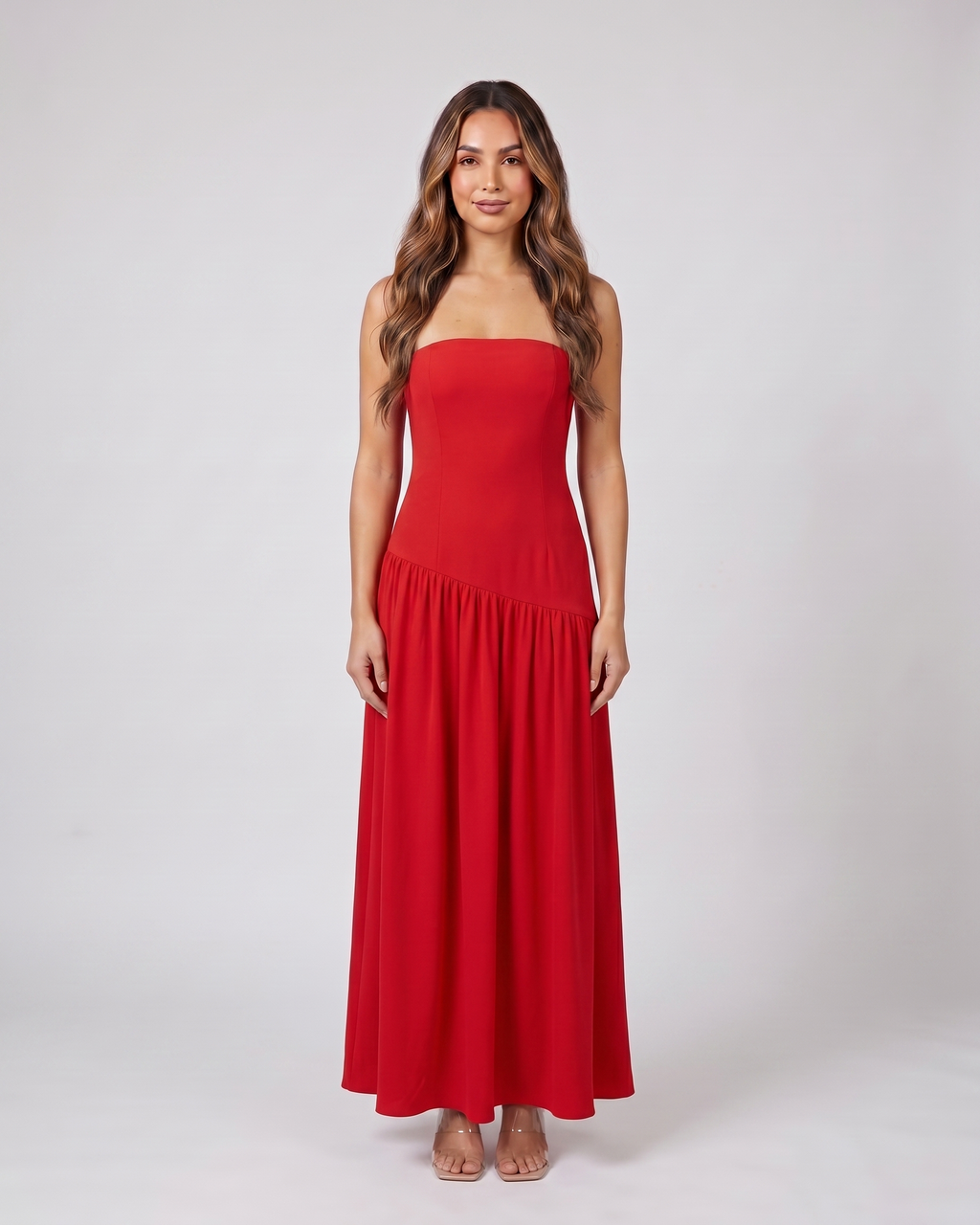 red strapless bandeau with front split maxi dress front view