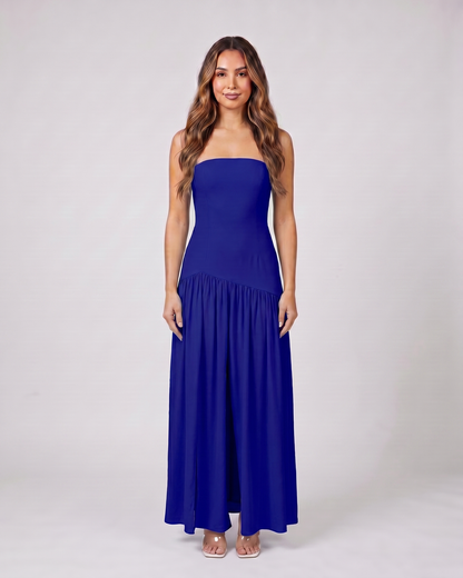 navy strapless bandeau with front split maxi dress front view