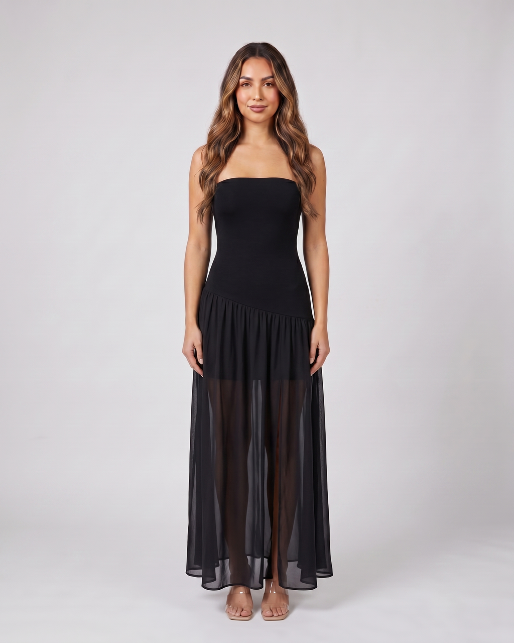 black strapless bandeau with front split maxi dress front view