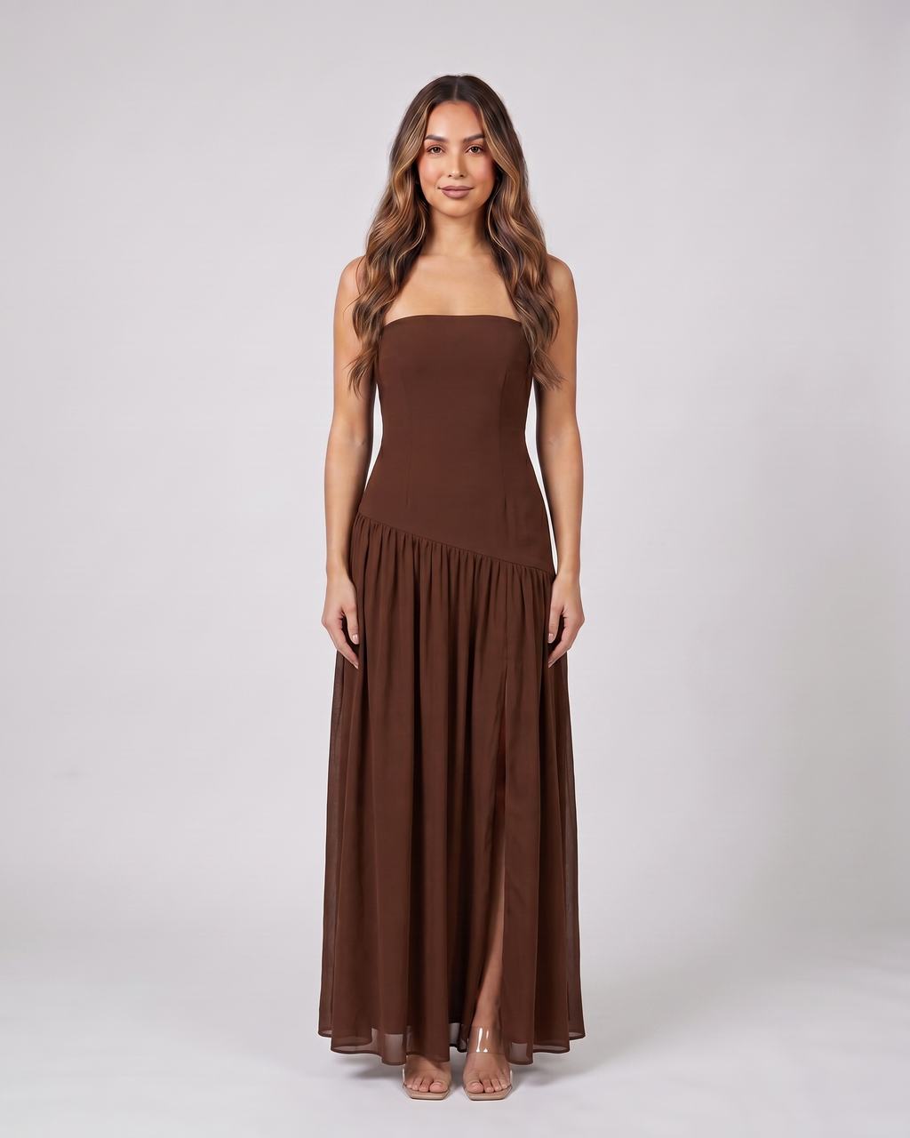brown strapless bandeau with front split maxi dress front view