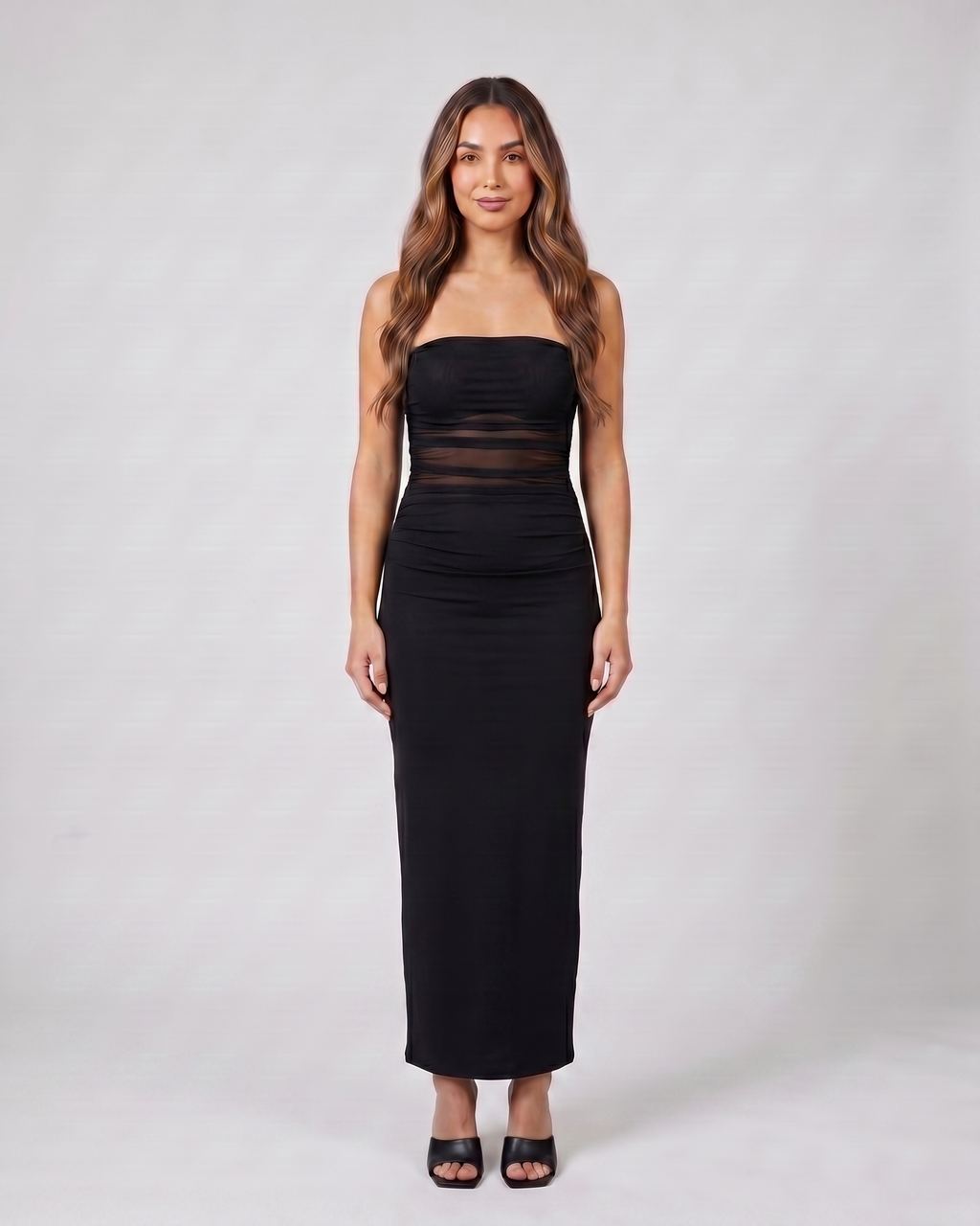 black strapless bodycon with scarf maxi dress front view