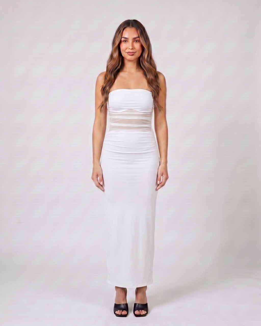 white strapless bodycon with scarf maxi dress front view