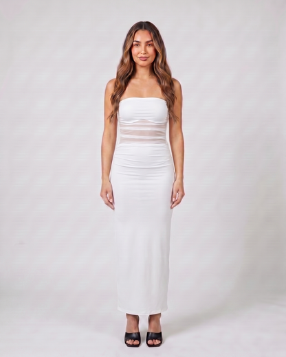 white strapless bodycon with scarf maxi dress front view