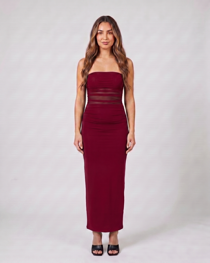 burgundy strapless bodycon with scarf maxi dress front view