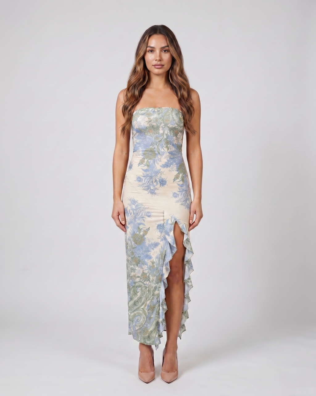green strapless floral ruffle slit maxi dress front view with paisley floral and large blooming florals