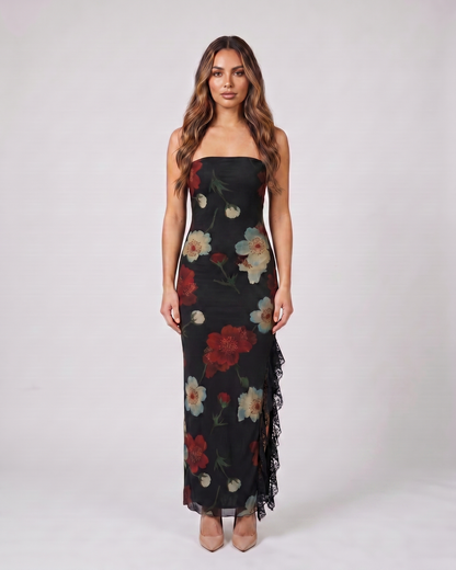 black strapless floral ruffle slit maxi dress front view with paisley floral and large blooming florals