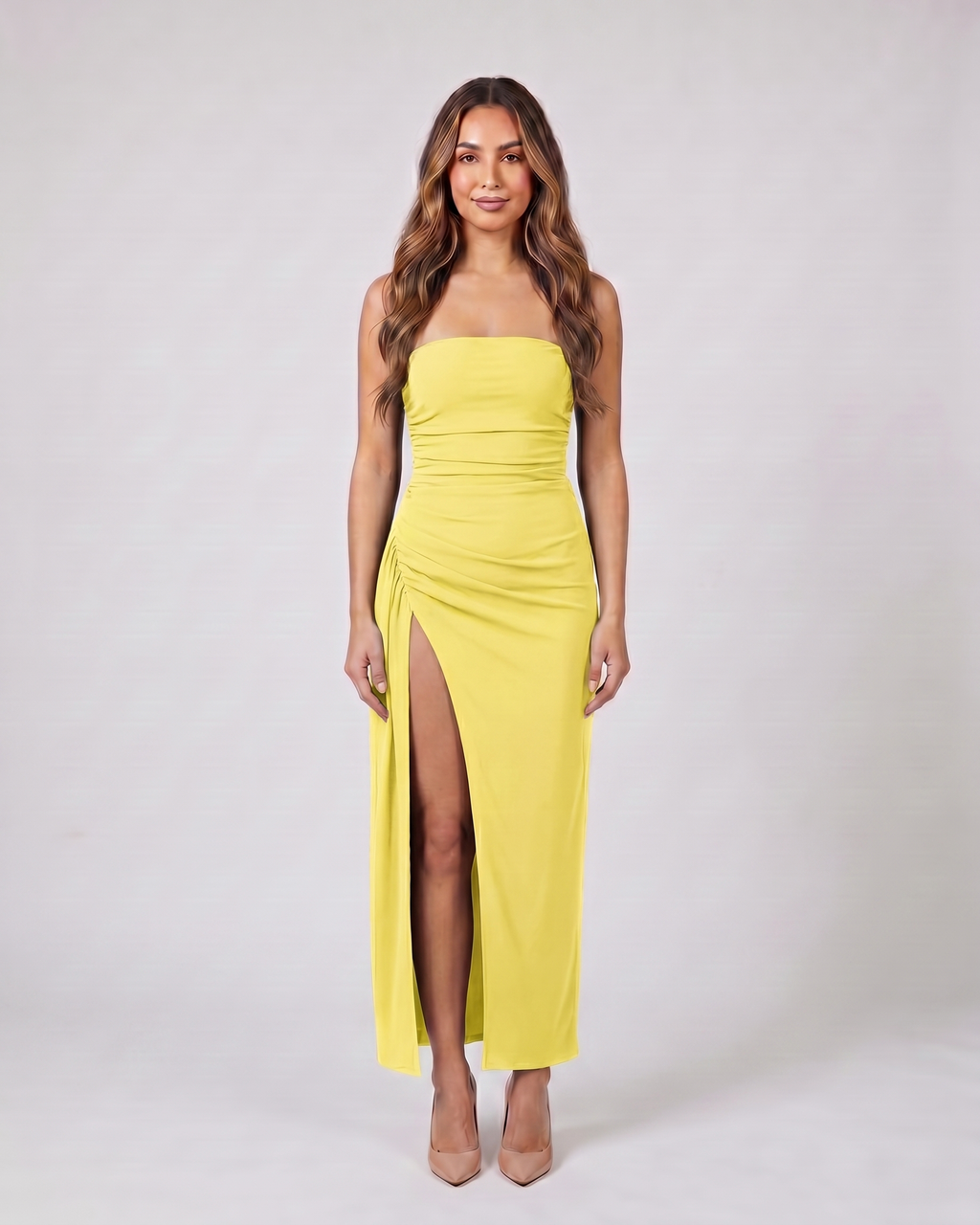 lemon strapless ruched thigh split maxi dress front view