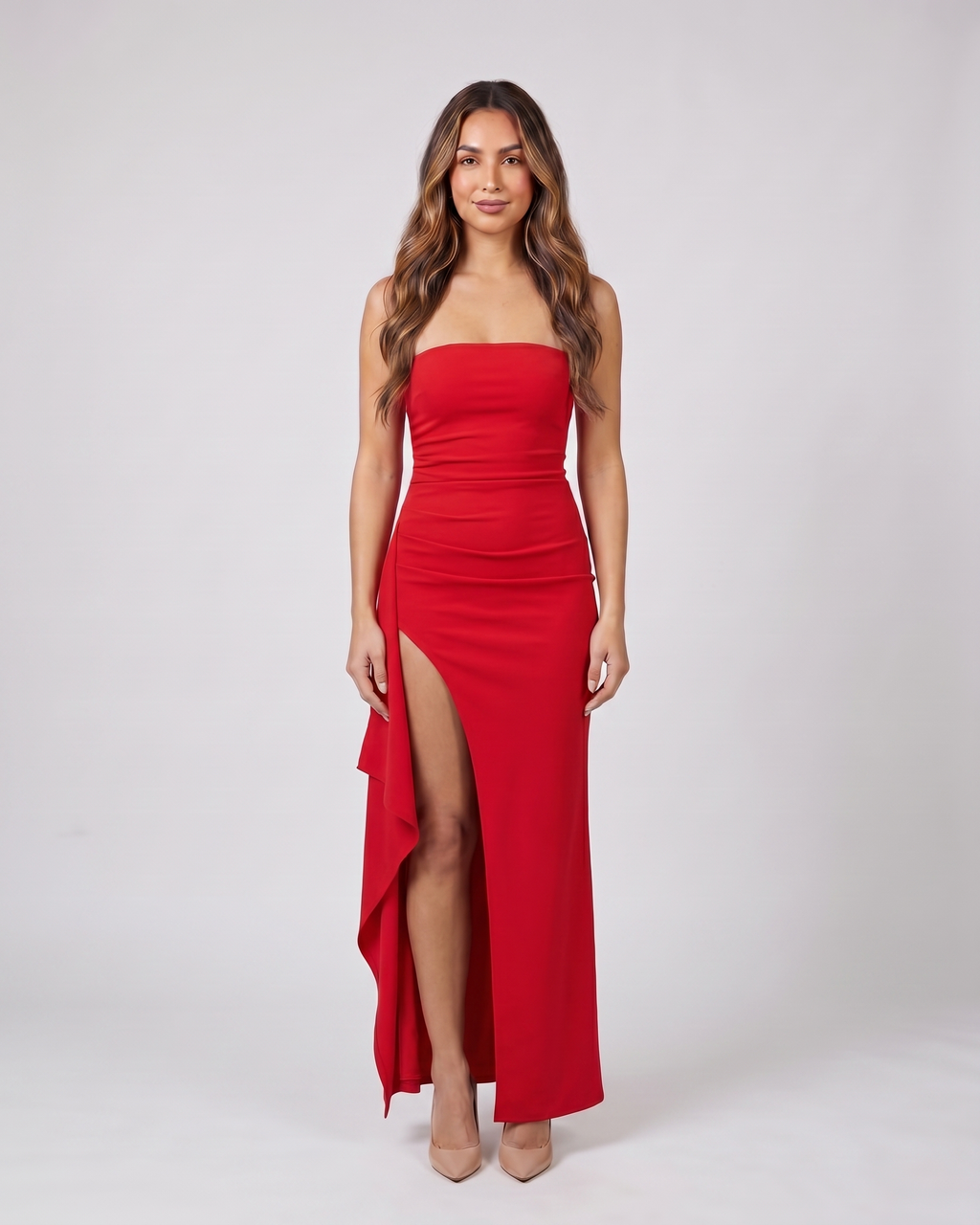 red strapless ruched thigh split maxi dress front view