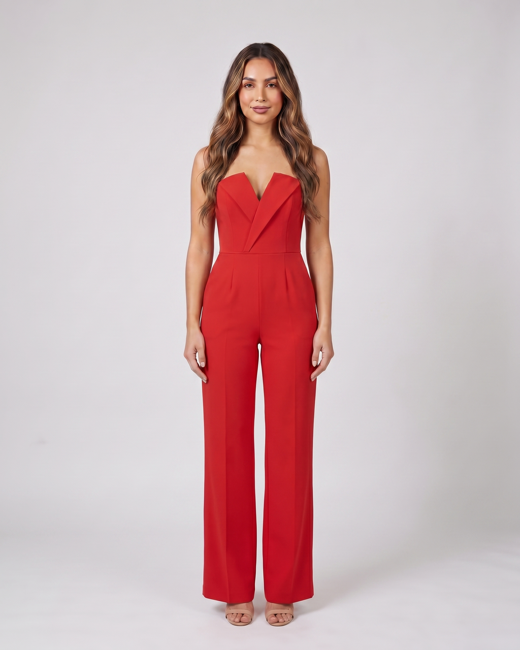 red strapless sweetheart wide leg formal jumpsuit front view