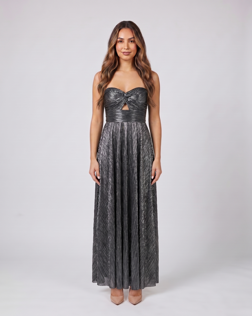 black strapless twist front keyhole maxi dress front view with vertical pleats