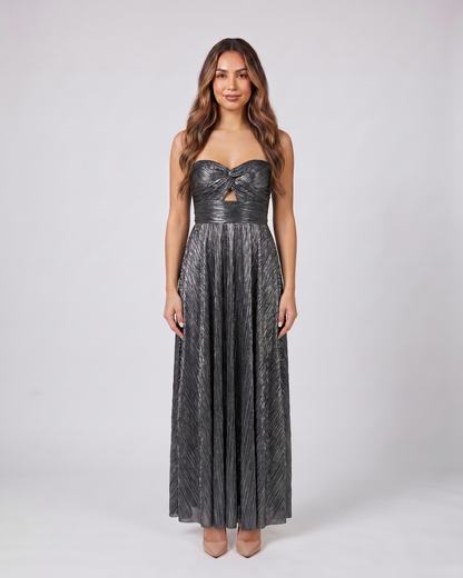 black strapless twist front keyhole maxi dress front view with vertical pleats