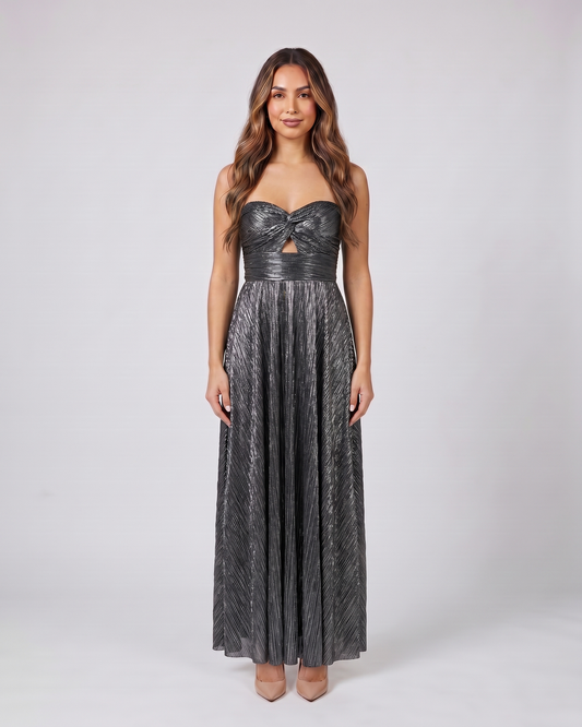 black strapless twist front keyhole maxi dress front view with vertical pleats